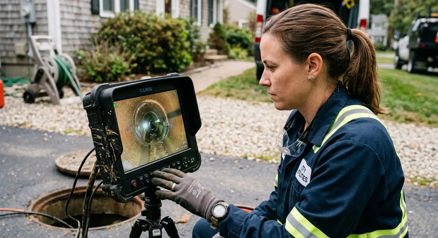 Technician reviewing sewer camera inspection footage in Hockinson