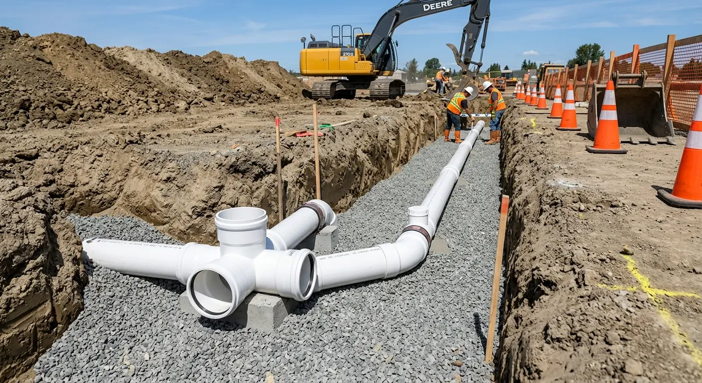 New PVC sewer pipe installation in open trench for Sewer Backup in Hockinson