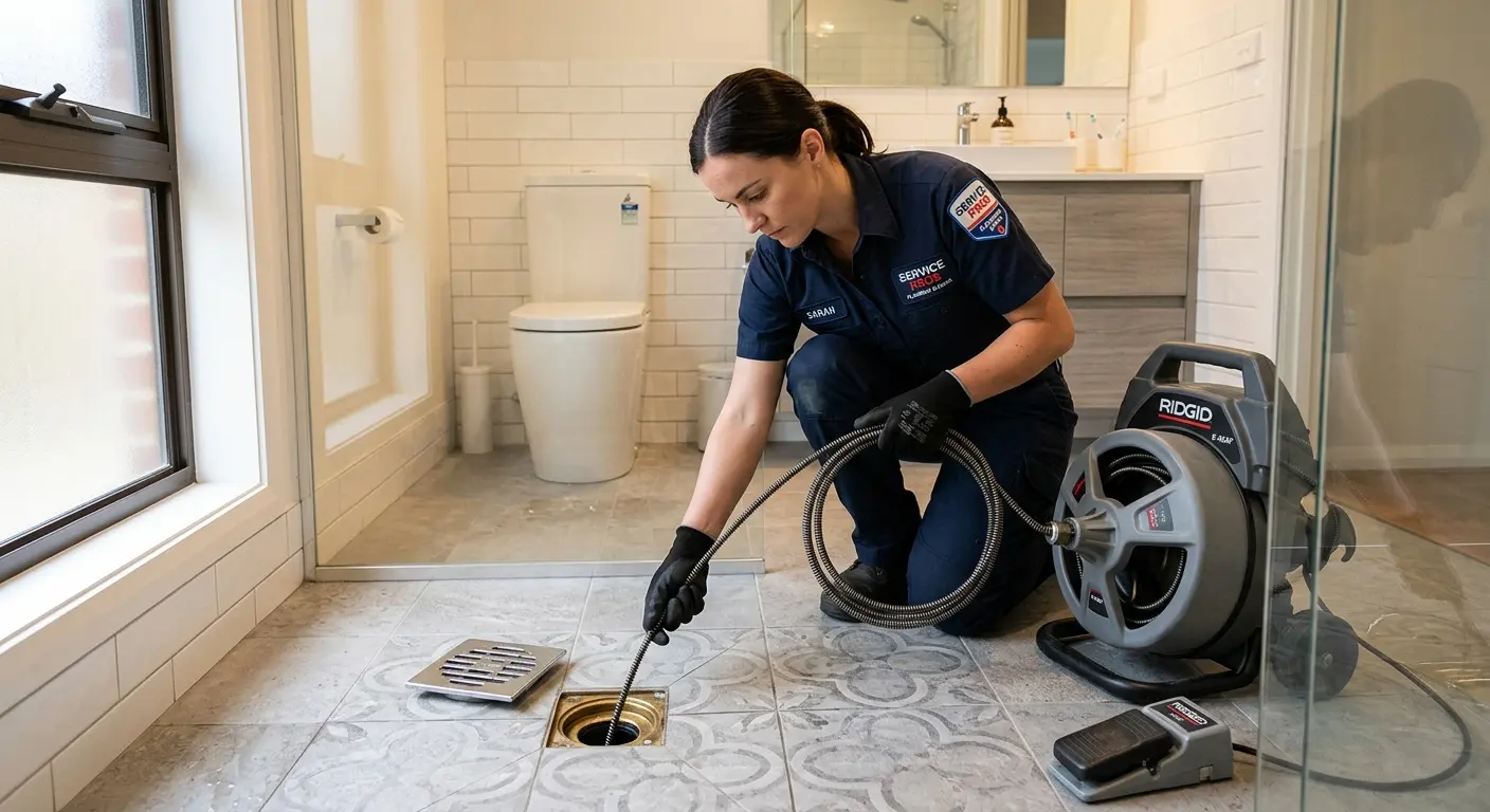 Technician clearing a bathroom floor drain for Hydro Jetting in Hockinson
